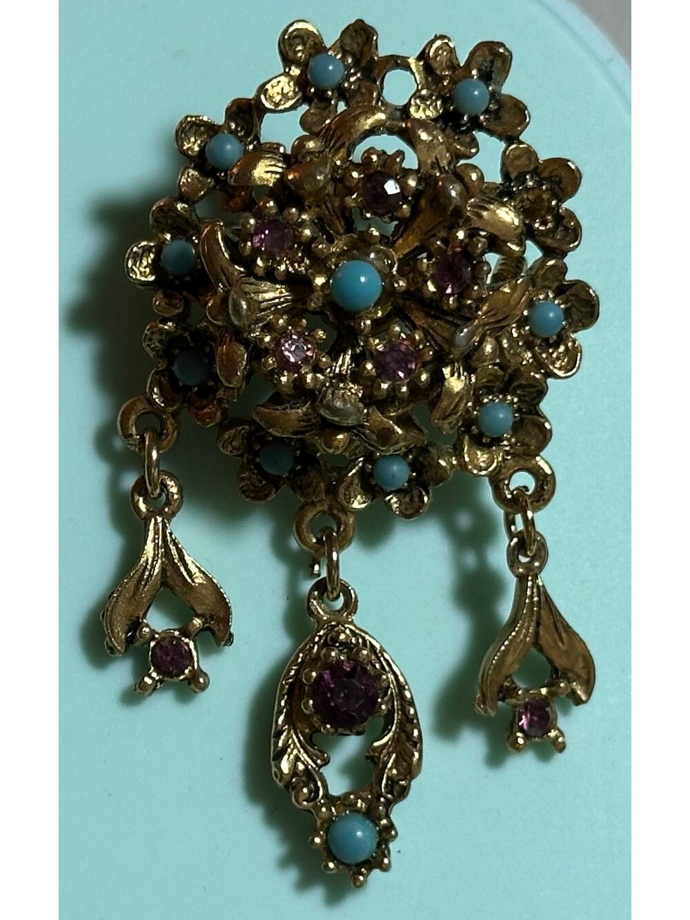 Vintage Gold-Tone Florenza Brooch Filigree Turquoise Cabachon Purple Stone